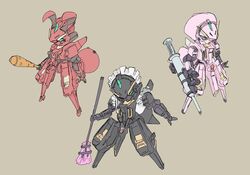  advance_of_zeta animal_ears blue_eyes broom carrot chibi commentary dame_ningen_(paipaipaaipapai) floating gundam highres holding holding_broom holding_syringe maid_headdress mecha no_humans rabbit_ears robot science_fiction syringe tr-6_woundwort v-fin 