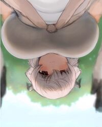  black_horns breasts brown_eyes closed_mouth commentary day dress female from_below gloves grey_hair grey_horns highres horns huge_breasts kemono_friends kemono_friends_3 light_blush looking_at_viewer looking_down multicolored_horns outdoors pov shibori_kasu smile solo upside-down yak_(kemono_friends) 