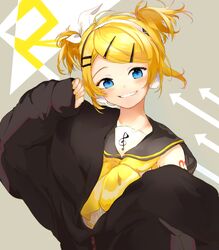  alternate_hairstyle arrow_(symbol) bad_id bad_twitter_id black_coat blonde_hair blue_eyes bow coat collared_shirt commentary female grin hair_ornament hairband hairbow hairclip hand_up highres kagamine_rin looking_at_viewer nail_polish neckerchief open_clothes open_coat oyamada_gamata sailor_collar shirt short_hair short_twintails shoulder_tattoo smile solo swept_bangs tattoo treble_clef twintails upper_body vocaloid white_bow white_shirt yellow_nails yellow_neckerchief 