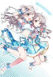  2girls :d ;d armpits banirou blue_eyes braid brown_eyes choker dress french_braid go_to_paradise_(idolmaster) grey_hair hair_ornament highres hisakawa_hayate hisakawa_nagi idol idol_clothes idolmaster idolmaster_cinderella_girls long_hair midriff multiple_girls navel one_eye_closed open_mouth siblings smile strapless tube_top twins twitter_username 