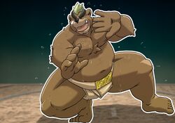  anthro ashigara_(tas) bear belly bodily_fluids brown_body brown_fur chest_tuft closed_eyes clothed clothing dohyo fighting_ring front_view fur green_hair hair happy hi_res lifewonders male mammal mohawk musclegut muscular navel open_mouth open_smile overweight overweight_anthro overweight_male pecs pose smile solo standing sumo sumo_ring sumo_wrestling sweat tokyo_afterschool_summoners tongue topless tuft yukikazefactory 