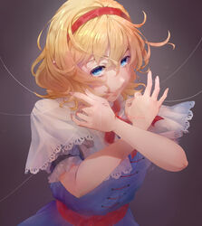  album_cover alice_margatroid artist_name bangs blonde_hair blue_dress blue_eyes capelet commentary cover dress english_commentary female grey_background hair_between_eyes hairband hands_up highres kureihii looking_at_viewer puppet_strings red_hairband red_sash short_hair short_sleeves signature smile solo touhou twitter_username upper_body white_capelet x_arms 