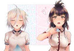  2girls 80mph ahoge black_hair blush closed_eyes commentary couple fed_by_viewer feeding female_pov floral_background folded_ponytail food green_eyes hair_ornament hair_ribbon hairclip heart heart_of_string incoming_food itomi_sayaka long_hair minoseki_gakuin_uniform multiple_girls multiple_pov open_mouth pov renpu_girls_school_uniform ribbon school_uniform shaved_ice short_hair split_screen spoon toji_no_miko white_hair yanase_mai yuri 