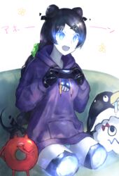  :d abyssal_ship amputee bad_id bad_pixiv_id black_bow black_hair blue_eyes bow colored_skin commentary_request controller couch double_amputee double_bun enemy_lifebuoy_(kancolle) failure_penguin female game_controller hair_bun hair_ornament hair_scrunchie hairclip highres hood hoodie indoors kantai_collection legless_amputee light_cruiser_oni long_hair long_sleeves low-tied_long_hair open_mouth purple_hoodie scrunchie sitting smile stuffed_animal stuffed_penguin stuffed_toy weasel_(close-to-the-edge) white_background white_skin 