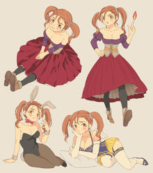  animal_ears bare_shoulders blush bow bowtie breasts brown_eyes brown_hair cleavage closed_mouth commentary_request corset divine_bustier_(dq) dragon_quest dragon_quest_viii earrings female jessica_albert jewelry leotard long_hair looking_at_viewer miyama_(kannsannn) multiple_views open_mouth pantyhose playboy_bunny purple_shirt rabbit_ears red_bow red_bowtie shirt simple_background smile strapless twintails 