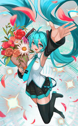  absurdres ahoge arm_up armpits blue_eyes blue_hair boots bouquet breasts collared_shirt commentary detached_sleeves female floating_hair flower hair_ornament hatsune_miku highres holding holding_bouquet holding_flower jumping long_hair long_sleeves looking_at_viewer nail_polish necktie open_mouth outstretched_arm petals pleated_skirt reaching reaching_towards_viewer rose shirt sideboob skirt sleeveless sleeveless_shirt smile solo teo_(telo_ruka) thigh_boots tie_clip twintails very_long_hair vocaloid 