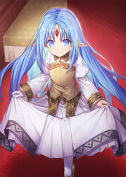  blue_eyes blue_hair blurry blurry_background brown_footwear brown_vest closed_mouth commission depth_of_field female forehead_jewel highres ibuki_notsu juliet_sleeves kalar_(race) long_hair long_sleeves looking_at_viewer pantyhose pointy_ears puffy_sleeves rance_(series) rance_quest rance_quest_magnum reset_kalar shoes skeb_commission skirt skirt_hold smile solo standing vest white_pantyhose white_skirt 