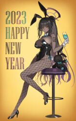  2023 absurdres animal_ears black_hair black_leotard blue_archive bottle bow breasts chinese_zodiac cleavage commentary cup dark-skinned_female dark_skin detached_collar drinking_glass english_commentary fake_animal_ears female fishnet_pantyhose fishnets full_body gradient_background halo happy_new_year high_heels highres karin_(blue_archive) karin_(bunny)_(blue_archive) large_breasts legs leotard long_hair new_year number_tattoo official_alternate_costume orange_background pantyhose penguin_say playboy_bunny ponytail rabbit_ears sideboob sitting solo strapless strapless_leotard stuffed_animal stuffed_toy tattoo very_long_hair wrist_cuffs year_of_the_rabbit yellow_background yellow_eyes 