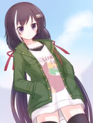  absurdly_long_hair black_thighhighs blue_sky breast_pocket buttons closed_mouth clothes_writing cloud collarbone day female green_jacket hair_ornament hair_ribbon hairclip hands_in_pockets jacket karyl_(princess_connect!) karyl_(real)_(princess_connect!) long_hair long_shirt long_sleeves low_twintails multicolored_hair outdoors pocket princess_connect! purple_eyes purple_hair red_ribbon ribbon sky solo streaked_hair suta_(clusta) thighhighs twintails two-tone_hair very_long_hair white_hair zettai_ryouiki 