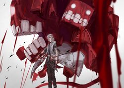  1boy absurdres alchemy_stars bad_id bad_pixiv_id bandaged_head bandages belt bleeding blood blood_on_arm blood_on_clothes blood_on_face blood_on_weapon blue_eyes closed_mouth coat cross cross_earrings cube da_mei dripping earrings fingernails gradient_background grey_background grey_coat grey_hair highres holding holding_weapon injury jewelry long_fingernails male_focus monster nail nails_(alchemy_stars) no_pupils open_clothes open_coat open_mouth pointy_ears self-harm sharp_fingernails standing teeth weapon white_eyes wide_sleeves wings 