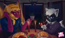  alcohol anthro beverage black_sclera blinds candle chest_tuft clothed clothing container cup cutlery date detailed_background dinner domestic_cat dragon drinking_glass duo eating felid feline felis fire flower fluffy fluffy_tail food fork furniture glass glass_container glass_cup holding_fork holding_wine_glass inside kitchen_utensils male male/male mammal mythological_creature mythological_scalie mythology night plant plant_pot plate potted_plant purple_eyes romantic romantic_couple scalie sparkittyart table tail teeth tools tuft watermark window wine wine_glass wings yellow_eyes 