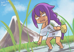  bare_legs basket braid braided_ponytail clothes_writing commentary crying dark-skinned_female dark_skin dated day errant female full_body grass hair_flaps highres jahy jahy-sama_wa_kujikenai! long_hair mountain naked_shirt off_shoulder oozora_naomi outdoors oversized_clothes purple_hair rice_(plant) rice_paddy shirt signature single_braid sky solo t-shirt tears tensui_no_sakuna-hime very_long_hair voice_actor_connection 