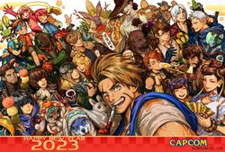  2023 6+boys 6+girls alcina_dimitrescu artist_request ashley_graham barrage_(exoprimal) beard blue-framed_eyewear canyne capcom chinese_zodiac chris_redfield chun-li commentary_request company_connection company_name copyright_notice crossover dango dante_(devil_may_cry) deadeye_(exoprimal) devil_may_cry_(series) devil_may_cry_5 double_bun eddie_(mega_man) exoprimal eyewear_on_head facial_hair felyne fiorayne_(monster_hunter) food glasses hair_bun hand_fan happy_new_year hat ivy_(exoprimal) jamie_siu kamura_(armor) karl_heisenberg lagombi lan_hikari_(mega_man) leon_s._kennedy li-fen luke_sullivan mayl_sakurai_(mega_man) mega_man_(series) mega_man_battle_network_(series) megaman.exe met_(mega_man) monster_hunter_(character) monster_hunter_(series) monster_hunter_rise mr._prog_(mega_man) multiple_boys multiple_crossover multiple_girls multiple_others muscular muscular_male nero_(devil_may_cry) netnavi official_art power_suit resident_evil resident_evil_4 resident_evil_4_(remake) resident_evil_village roll.exe_(mega_man) rosemary_winters ryu_(street_fighter) scar scar_on_face selfie smile street_fighter street_fighter_6 the_duke_(resident_evil) wagashi year_of_the_rabbit 