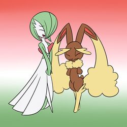  1:1 ambiguous_gender anthro closed_eyes duo gardevoir generation_3_pokemon generation_4_pokemon gradient_background hi_res lopunny mysteryfanboy91 nintendo open_mouth pokemon pokemon_(species) simple_background smile 