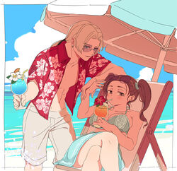  1boy bare_shoulders breasts brown_eyes brown_hair cloud dragon_quest dragon_quest_viii earrings female jessica_albert jewelry kukuru_(dq8) large_breasts looking_at_viewer miyama_(kannsannn) smile swimsuit twintails umbrella 