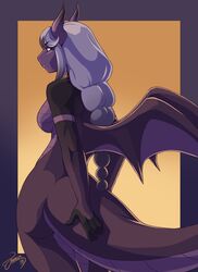  anthro big_tail dragon female feralise hair holding_tail looking_away mythological_creature mythological_scalie mythology purple_body purple_skin rear_view saeva_(character) scalie solo tail white_hair wings 