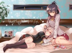  2girls 80mph ahoge argyle_clothes argyle_legwear bed black_hair blush commentary couple feeding floral_background flower folded_ponytail gift green_eyes hair_ornament hair_ribbon hairclip happy_birthday holding_hands incoming_food itomi_sayaka katana kneehighs lap_pillow lying minoseki_gakuin_uniform multiple_girls nightstand no_shoes on_side open_mouth photo_(object) picture_frame pillow pleated_skirt purple_eyes ribbon school_uniform sheath sheathed skirt socks star_(symbol) sword thighhighs toji_no_miko vase weapon white_hair yanase_mai yuri 