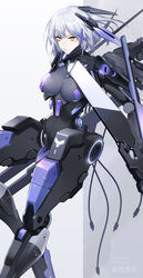  android bodysuit breasts chinese_commentary closed_mouth commentary female grey_hair hair_between_eyes hair_ornament hairclip highres large_breasts looking_at_viewer mecha_musume mechanical_arms punishing:_gray_raven robot rosetta:_rigor_(punishing:_gray_raven) rosetta_(punishing:_gray_raven) science_fiction short_hair simple_background solo white_background white_hair x_hair_ornament yellow_eyes yu_jiu 