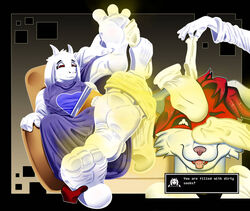  3_toes 5_fingers anthro boss_monster_(undertale) bovid caprine charles_the_stray_kitty clothing digital_media_(artwork) duo feet female fingers foot_fetish foot_focus footwear hindpaw male mammal paws randomfreak95 smelly smelly_feet socks toes toriel undertale undertale_(series) 