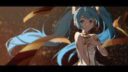  agas_(vpwt7475) aqua_eyes aqua_hair armband blurry blurry_background blurry_foreground commentary depth_of_field dress earphones female gramophone_miku hand_on_own_chest hatsune_miku letterboxed light_particles miku_symphony_(vocaloid) ribbon smile solo sparkle strapless strapless_dress twintails upper_body vocaloid 