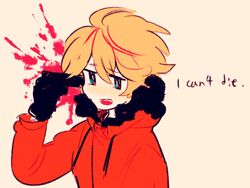  1boy animification bim0ngsam0ng black_gloves blonde_hair blood blood_spray bright_pupils coat english_text gloves gun gun_to_head hair_between_eyes handgun holding holding_gun holding_weapon hood hood_down hooded_coat kenny_mccormick long_sleeves male_focus open_mouth orange_coat parka short_hair solo south_park splatter teeth upper_teeth_only weapon white_pupils 