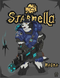  2017 anthro armello armor biped canid canine canis clothed clothing eyewear female fully_clothed goggles grey_background gun hi_res knee_pads league_of_geeks machine_gun magna_(armello) mammal ranged_weapon simple_background solo standing weapon wolf wolfdawg 