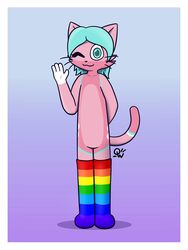  3:4 absurd_res ambiguous_gender anthro blue_hair blush border clothed clothing domestic_cat felid feline felis footwear footwear_only gesture hair hand_behind_back hi_res legwear lgbt_pride looking_at_viewer mammal mostly_nude nano_(nanopone) one_eye_closed pink_body pride_color_clothing pride_color_legwear pride_colors rainbow_pride_clothing rainbow_pride_colors rainbow_symbol seven-stripe_rainbow_pride_colors socks socks_only solo thigh_highs waving waving_at_viewer white_border white_paw wink winking_at_viewer workerq 