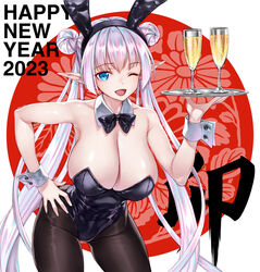  ;d alcohol animal_ears black_leotard blue_eyes bow bowtie breasts britomart_(fate) champagne champagne_flute chinese_zodiac cleavage cup detached_collar drinking_glass fake_animal_ears fate/grand_order fate_(series) female hair_bun hand_on_own_hip highleg highleg_leotard highres holding holding_tray huge_breasts leotard looking_at_viewer matsuryuu one_eye_closed pantyhose playboy_bunny rabbit_ears smile solo standing strapless strapless_leotard traditional_bowtie tray twintails wrist_cuffs year_of_the_rabbit 