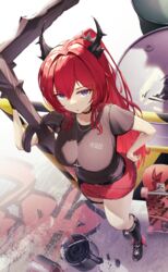  absurdres arknights belt black_belt breasts choker female from_above hair_bun hair_intakes highres horns jewelry large_breasts makino necklace paint_can purple_eyes red_hair single_hair_bun skateboard solo surtr_(arknights) surtr_(liberte_echec)_(arknights) 