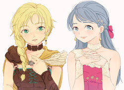  2girls aqua_eyes aqua_hair bianca_(dq5) blonde_hair blue_eyes blue_hair blush braid breasts cape choker closed_mouth dragon_quest dragon_quest_v dress earrings flora_(dq5) hair_over_shoulder jewelry long_hair looking_at_viewer miyama_(kannsannn) multiple_girls open_mouth simple_background single_braid smile white_background 