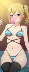  absurdres ass_visible_through_thighs bikini blonde_hair blue_eyes blue_scrunchie breasts breasts_apart chewing_gum collarbone curvy english_commentary female hair_between_eyes hair_ornament hair_scrunchie hayasaka_ai highres kaguya-sama_wa_kokurasetai_~tensai-tachi_no_renai_zunousen~ long_hair looking_at_viewer medium_breasts navel roswell_ss scrunchie side_ponytail sidelocks solo swimsuit thigh_gap thighhighs thighs underboob 