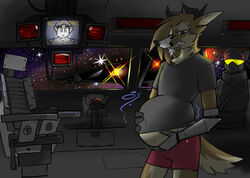  after_vore anthro antlers armor cervid cervine chair clothed clothing cybernetic_arm cybernetic_limb cybernetics detailed_background fully_clothed furniture headgear helmet horn machine male mammal monitor red_(topazknight) rumbling_stomach screen solo_focus space spacecraft star topazknight vehicle vore 