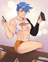  1boy abs big_pecs blue_eyes blue_hair crop_top eyebrows femboy_hooters galo_thymos hooters legs_crossed looking_at_viewer male male_focus male_only muscles muscular_male navel nip_slip nipple_slip notebook pecs pen pinup pompadorkery promare short_shorts smile solo solo_focus solo_male suggestive text thighs tight_clothing tight_shirt twunk undercut 