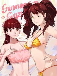  2girls atlus big_breasts bikini bikini_bottom bikini_top bottomwear brown_eyes brown_hair clothing female female_only human j@ck kasumi_yoshizawa kujikawa_rise long_hair looking_at_viewer megami_tensei persona persona_4 persona_5 persona_5_royal red_eyes red_hair sumire_yoshizawa swimsuit swimwear topwear uncensored 