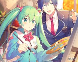  1boy aqua_eyes aqua_hair aqua_nails art_room badge banana blue_nails blue_suit bookshelf bow bowtie calendar_(medium) commentary crypton_future_media easel female food formal fruit grapes hairbow hatsune_miku indoors jacket kaito_(vocaloid) leaning_forward long_hair mannequin nail_polish necktie official_art open_mouth paint_on_clothes paint_on_fingers paint_splatter paint_splatter_on_face paintbrush painting_(action) palette_(object) pointing ribbed_jacket shirt sinaooo smile striped_bow striped_bowtie striped_clothes suit suit_jacket track_jacket twintails very_long_hair vocaloid white_shirt window 