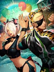  1boy angel_(kof) animal_ears animal_print artist_request bra breasts chaps chinese_zodiac crop_top cropped_jacket eyepatch female fingerless_gloves gloves hair_over_one_eye jacket large_breasts leather leather_jacket official_art ramon_(kof) snk strapless strapless_bra the_king_of_fighters the_king_of_fighters_all-stars the_king_of_fighters_xiv tiger_ears tiger_print toned underwear white_hair year_of_the_ox year_of_the_tiger 