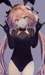  1boy :o \n/ animal_ears astolfo_(fate) bad_id bad_pixiv_id black_bow black_hairband bow bowtie bulge cowboy_shot double_\n/ elbow_gloves fake_animal_ears fate/grand_order fate_(series) fishnets gloves grey_background hair_intakes hairband hairbow hands_up head_tilt leotard long_hair looking_at_viewer male_focus male_playboy_bunny minyom multicolored_hair open_mouth otoko_no_ko pink_hair playboy_bunny purple_bow purple_bowtie purple_eyes purple_gloves purple_leotard rabbit_ears signature simple_background solo streaked_hair very_long_hair white_hair 