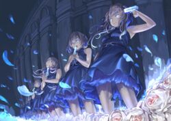  6+girls bare_shoulders blue_eyes blue_shirt blue_skirt brown_hair falling_petals floating_hair flower glowing glowing_eyes gun gun_in_mouth gun_to_head handgun highres holding holding_gun holding_weapon imminent_suicide long_bangs long_hair long_skirt looking_ahead multiple_girls nik_ibi original petals petticoat pointing_gun revolver ribbed_shirt shirt short_hair sidelocks skirt sleeveless sleeveless_shirt weapon white_flower 