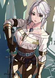  absurdres breasts brown_pants ciri cleavage elbow_gloves female gloves green_eyes grey_hair highres jewelry kagematsuri leather leather_gloves leather_pants lips looking_at_viewer medium_breasts necklace no_bra pants scar scar_across_eye shirt solo standing sword the_witcher_(series) unfinished weapon white_hair white_shirt witcher_medallion 