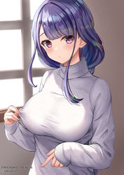  alternate_costume artist_name asymmetrical_bangs blurry blurry_background braid breasts closed_mouth clothes_pull commentary_request female genshin_impact grey_sweater highres large_breasts long_hair long_sleeves looking_at_viewer low-braided_long_hair low-tied_long_hair mole mole_under_eye pulling_own_clothes purple_eyes purple_hair raiden_shogun simple_background solo sweater sweater_pull takenoko_pengin turtleneck turtleneck_sweater twitter_username upper_body window 