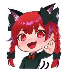  animal_ears black_bow blush bow braid cat_ears cat_tail chibi dress extra_ears female gesture green_dress hand_up kaenbyou_rin korean_commentary multiple_tails nekomata oerba_yun_fang open_mouth recare red_eyes red_hair simple_background smile solo tail touhou twin_braids two_tails white_background 