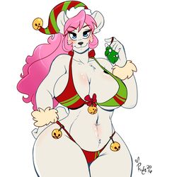  1:1 anthro bear big_breasts bikini blue_eyes blush breasts chest_tuft christmas cleavage clothed clothing female hand_on_hip hi_res holidays mammal mistletoe phuufy plant solo swimwear tuft wide_hips 