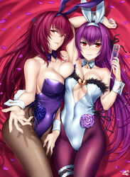  2girls animal_ears bare_shoulders blush breasts bridal_garter brown_legwear cleavage collarbone commentary_request cosplay covered_navel cup detached_collar drinking_glass dual_persona fate/grand_order fate_(series) fishnet_pantyhose fishnets fur_trim hair_intakes highleg highleg_leotard large_breasts leotard long_hair looking_at_viewer multiple_girls official_alternate_costume okitakung pantyhose petals playboy_bunny purple_hair purple_legwear purple_leotard rabbit_ears red_eyes scathach_(fate) scathach_(fate)_(cosplay) scathach_(piercing_bunny)_(fate) scathach_skadi_(fate) self_cosplay smile thighs white_leotard wrist_cuffs 