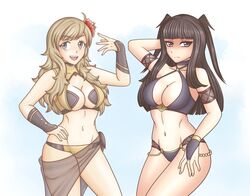  2girls bikini black_hair blonde_hair breasts cleavage cleavage_cutout fire_emblem fire_emblem_fates grey_eyes hand_on_head hand_on_hip hayato_stuff large_breasts medium_breasts nintendo ophelia_(fire_emblem) pose purple_eyes rhajat_(fire_emblem) teenager 