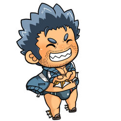  1boy ^_^ bara beard blue_hair blue_male_swimwear blush chibi chibi_only closed_eyes crossed_arms facial_hair fins fish_boy full_body jacket kemonosuke_(kmskths) lowres male_focus male_swimwear mature_male muscular muscular_male short_hair sideburns solo stubble swim_briefs thick_eyebrows tokyo_afterschool_summoners track_jacket triton_(housamo) 