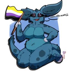  1:1 alpha_channel anthro belly biped black_sclera blue_body blue_ears blue_fur blue_tail breasts claws english_text eyelashes eyeshadow featureless_breasts female flag flag_(object) fur fur_markings fylumi generation_1_pokemon hi_res holding_flag holding_object lgbt_pride lgbt_pride_month lilya_teh_nida looking_at_viewer makeup markings multicolored_body multicolored_ears multicolored_fur navel nidorina nintendo nonbinary_pride_colors nude paws pokemon pokemon_(species) pride_color_flag pride_colors purple_eyes signature slightly_chubby solo spots spotted_body spotted_fur spotted_markings spotted_tail tail tail_markings tail_tuft text tuft two_tone_body two_tone_ears two_tone_fur two_tone_tail white_claws 