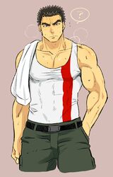  1boy ? akihiro_altland bara belt black_eyes black_hair covered_abs covered_navel cowboy_shot ezaki_papiko gundam gundam_tekketsu_no_orphans hand_in_pocket highres large_pectorals male_focus muscular muscular_male pants pectorals short_hair solo spoken_question_mark sweat tank_top thick_eyebrows towel 