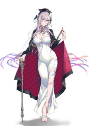  absurdres blue_eyes breasts cane cape cleavage commentary_request dress feet female full_body grey_hair hat head_wings highres indie_virtual_youtuber jewelry large_breasts long_dress looking_at_viewer mole mole_under_mouth nail_polish pochi_(pochi-goya) pochimaru_(vtuber) pochimaru_(vtuber)_(4th_costume) red_nails ring sandals side_slit simple_background smile solo toenail_polish toenails toes virtual_youtuber white_background white_dress wings 