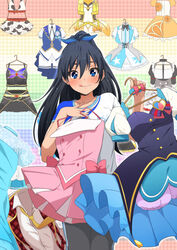  :q black_hair blue_bow blue_eyes blush bow collarbone crossover dress female floating_hair ganaha_hibiki grey_pants hair_between_eyes hairbow high_ponytail holding holding_clothes holding_dress idolmaster idolmaster_(classic) idolmaster_cinderella_girls idolmaster_million_live! idolmaster_million_live!_theater_days james_(jms-pnt) long_hair pants party_time_gold_(idolmaster) shirt short_sleeves solo standing t-shirt tongue tongue_out unworn_dress very_long_hair 