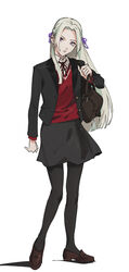  absurdres bag black_pantyhose blazer cardigan collared_shirt edelgard_von_hresvelg female fire_emblem fire_emblem:_three_houses full_body hair_ornament highres jacket long_hair long_sleeves looking_at_viewer pantyhose pleated_skirt purple_eyes ribbon roru_(lol_dessin) school_uniform shirt simple_background skirt solo sweater uniform white_background white_hair 